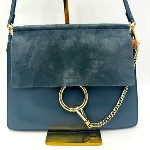 Auth Chloe Medium Cloudy Blue Calfskin Suede Leather Faye Shoulder Bag Clutch
